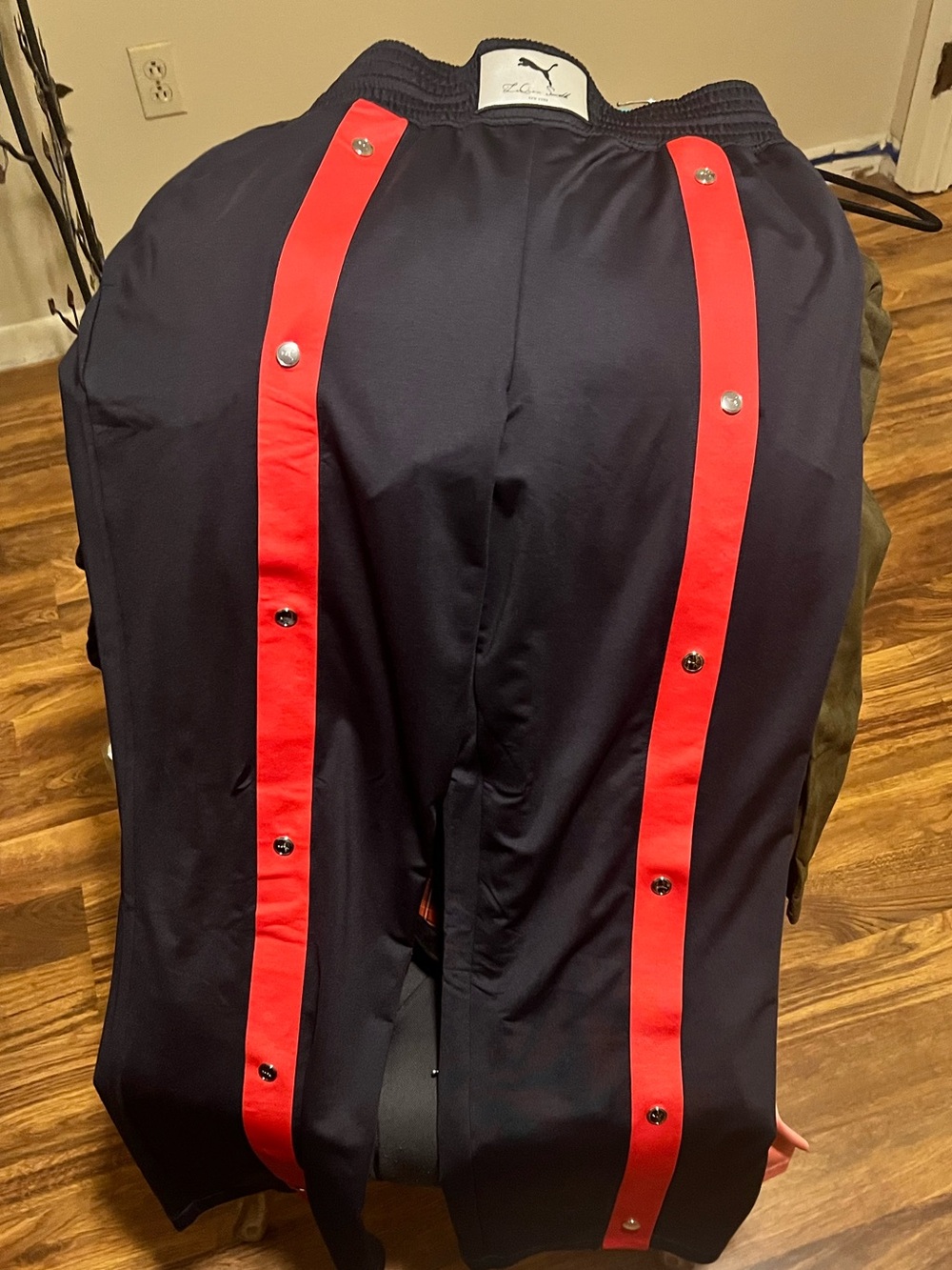 Puma Women’s Navy and Red Track Pants with Red Snap Side Stripes